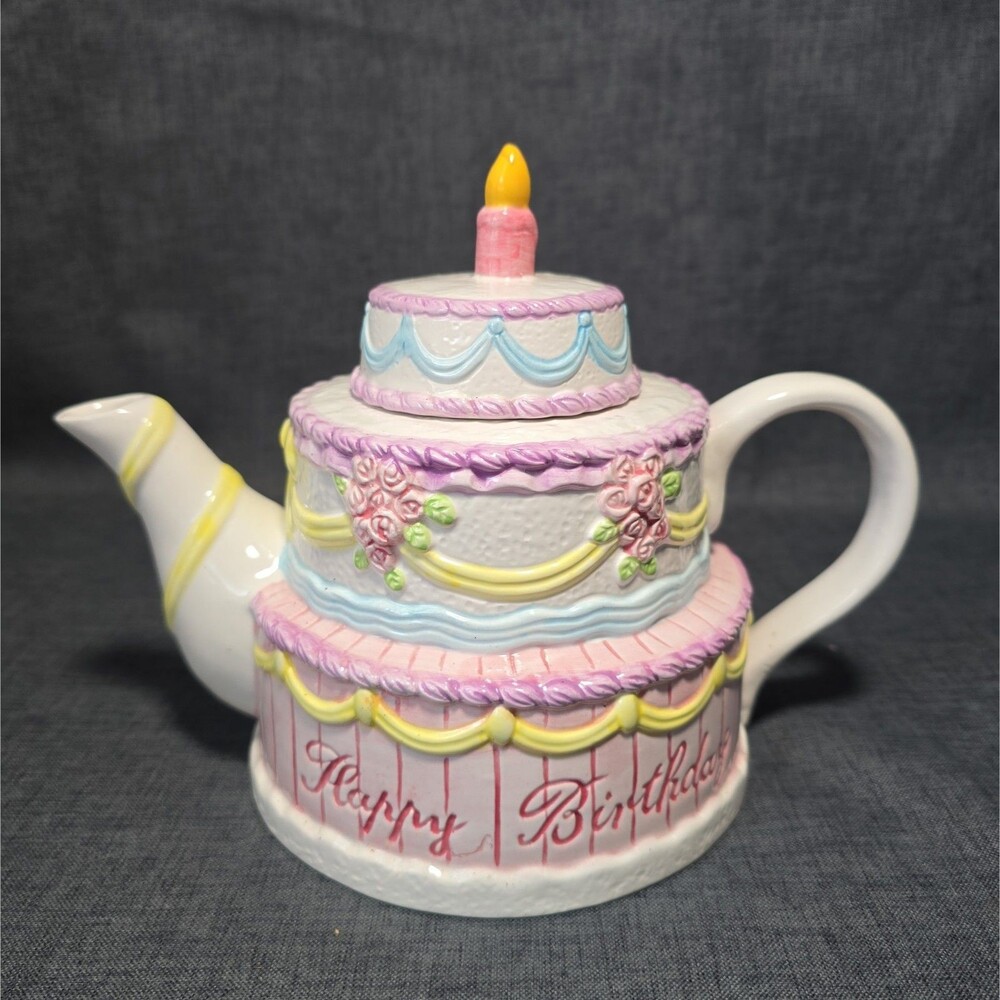 Lillian Vernon Vintage Ceramic Teapot Happy Birthday Pastels Layer Cake